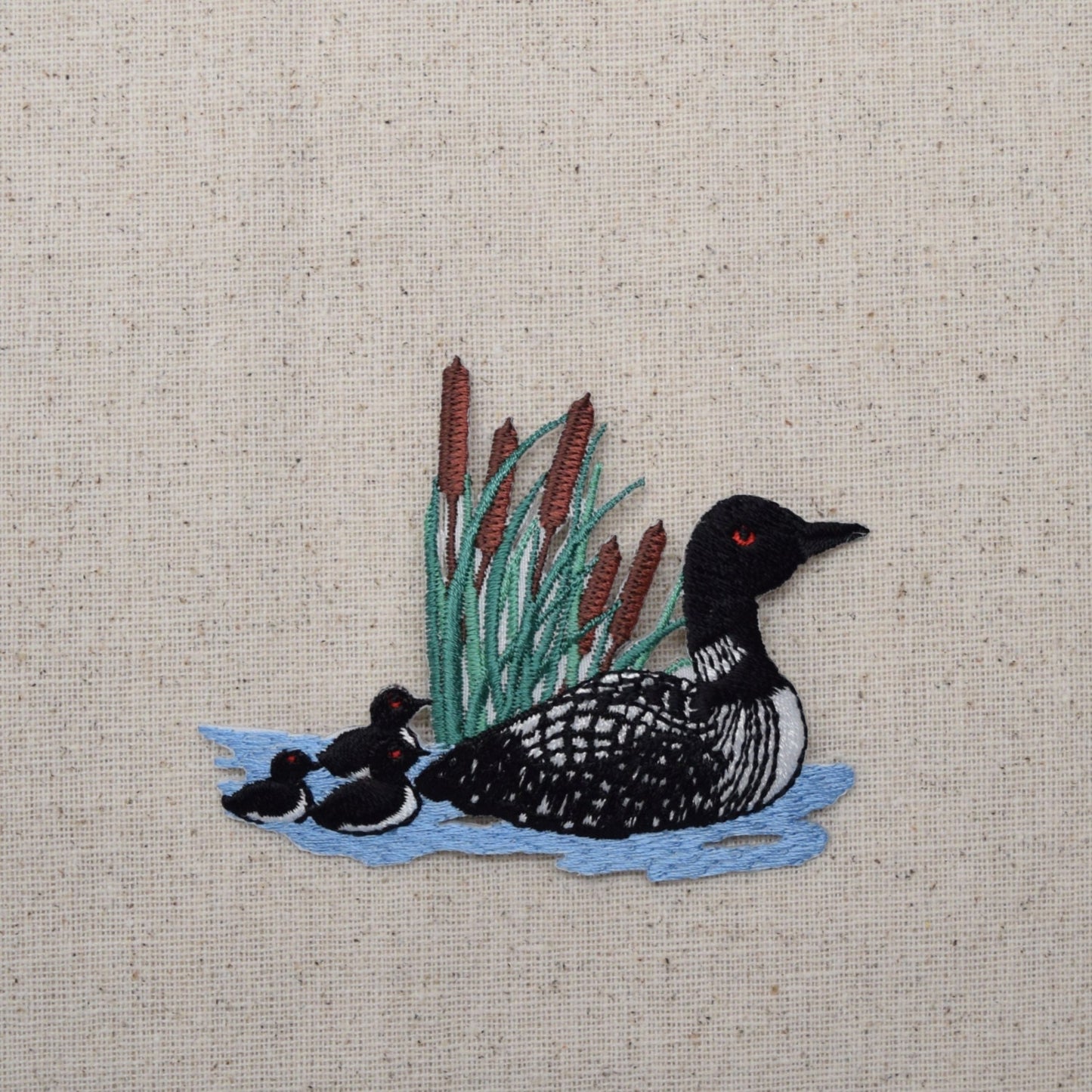 Loon with Baby Chicks - Cattails - in Water - Iron on Applique - Embroidered Patch - Birds - 694796-A
