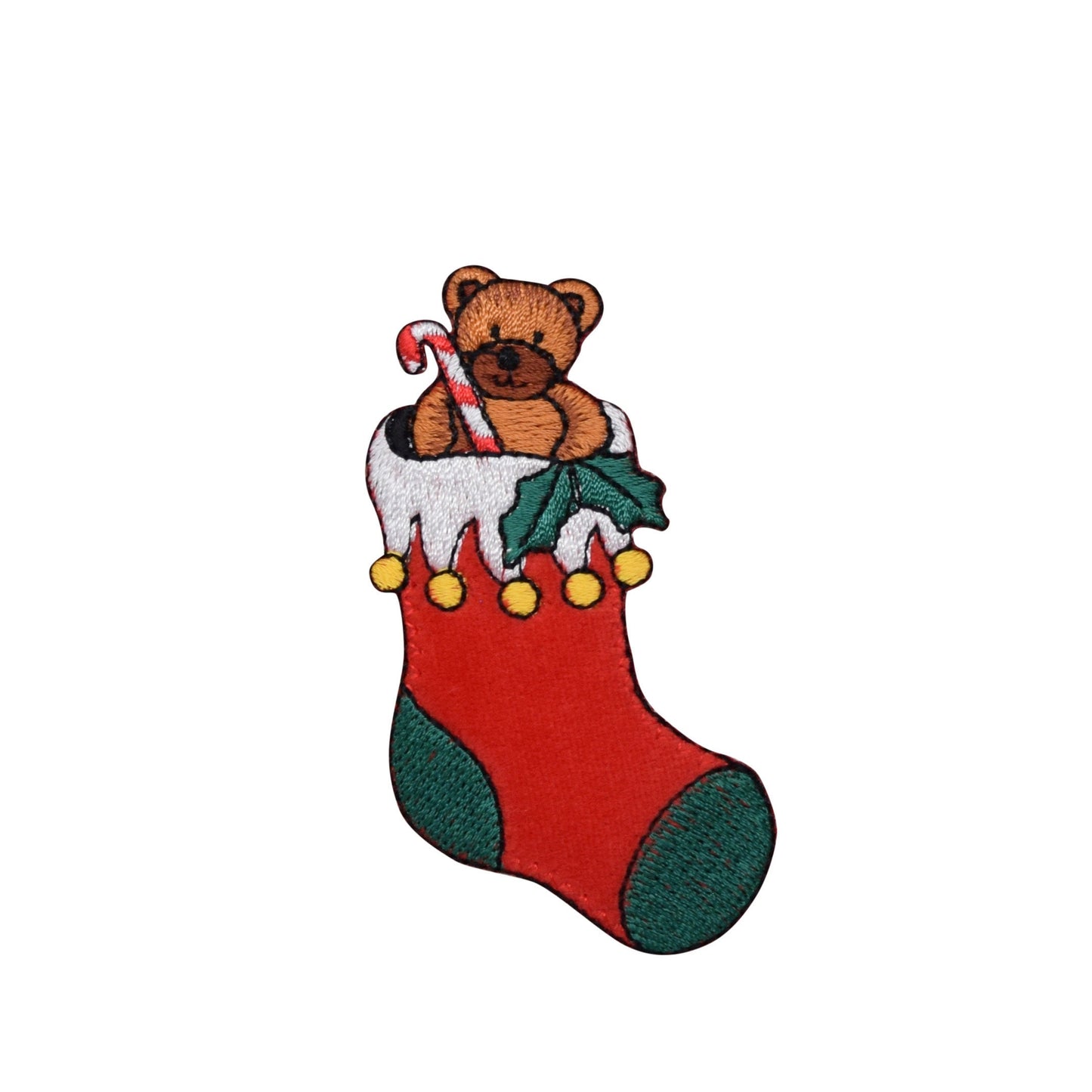 Christmas Teddy Bear in Red Stocking - Candy Cane - Iron on Applique - Embroidered Patch