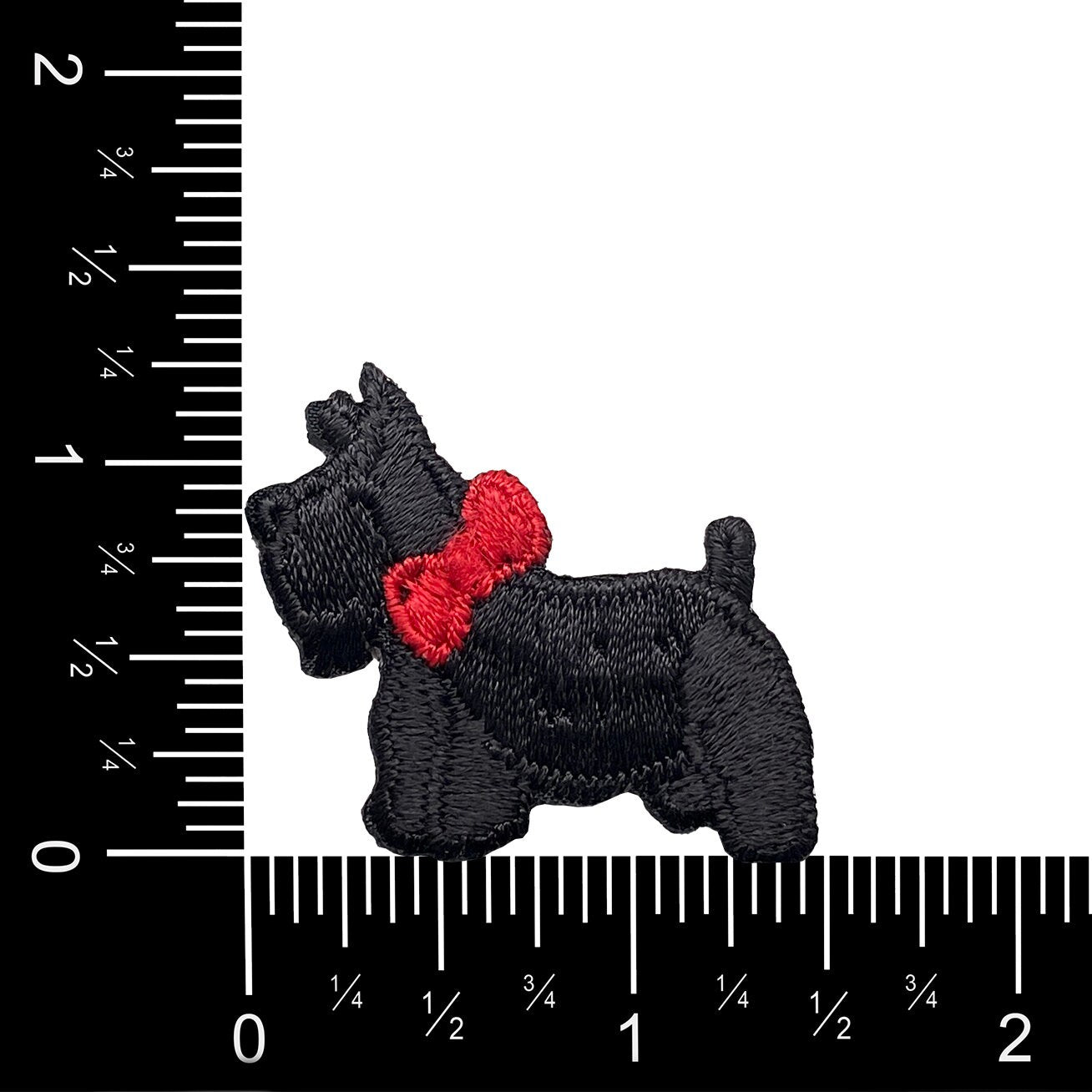 1.5" wide - Black Scottish Terrier - Facing Left - Wearing a Red Bow - Puppy Dog Embroidered Iron on Patch