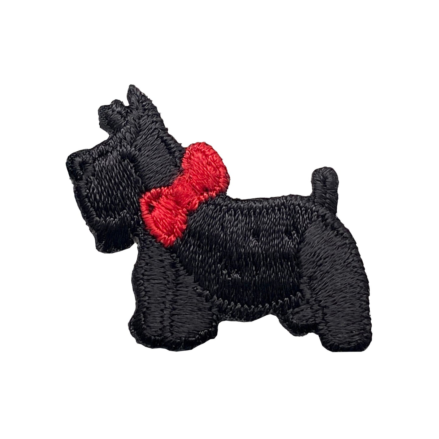 1.5" wide - Black Scottish Terrier - Facing Left - Wearing a Red Bow - Puppy Dog Embroidered Iron on Patch