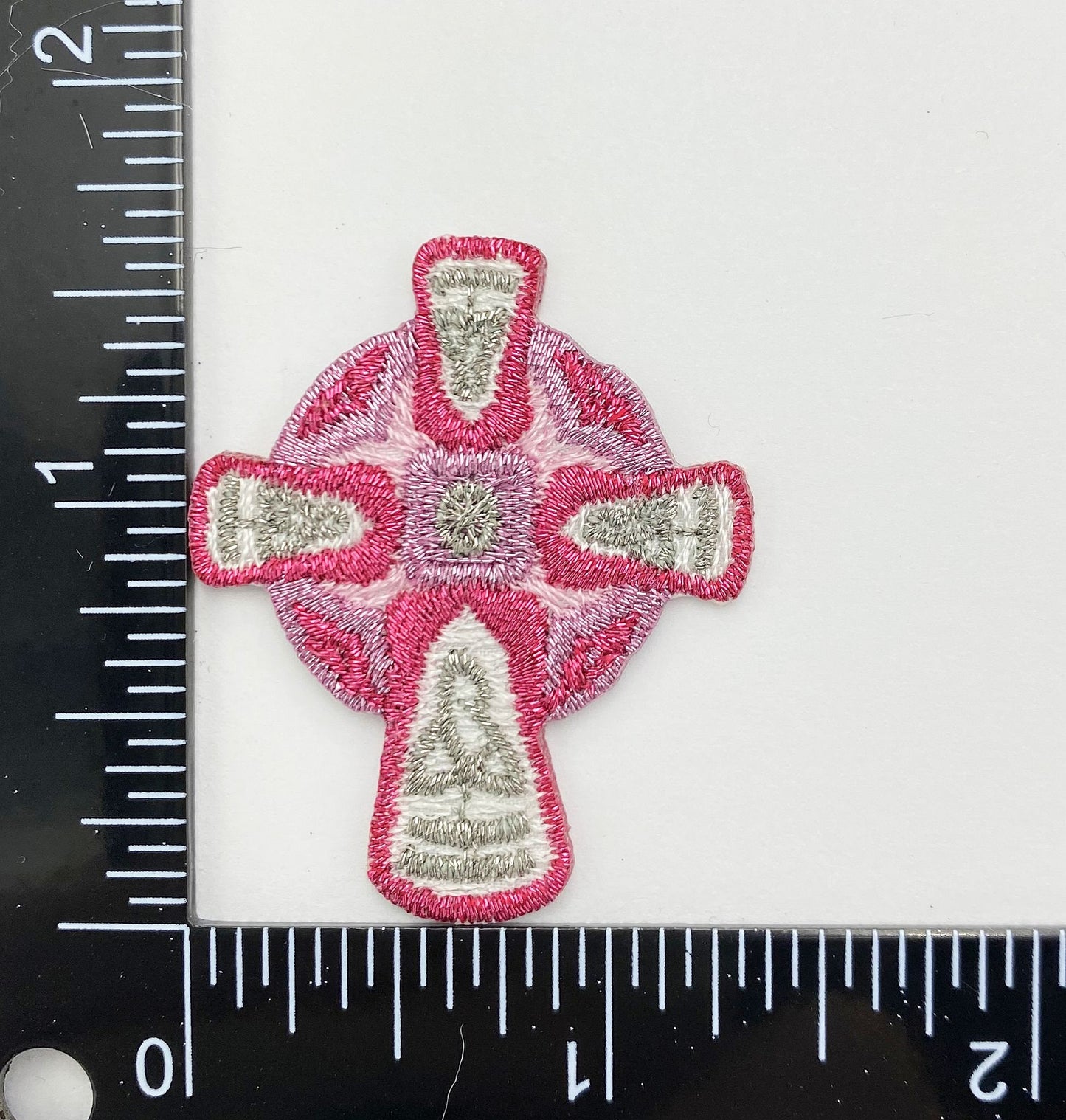 Pink and Silver Celtic Cross, Embroidered, Iron on Patch