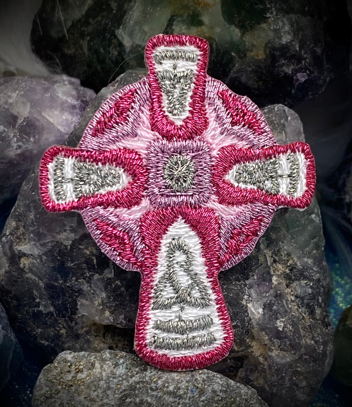 Pink and Silver Celtic Cross, Embroidered, Iron on Patch
