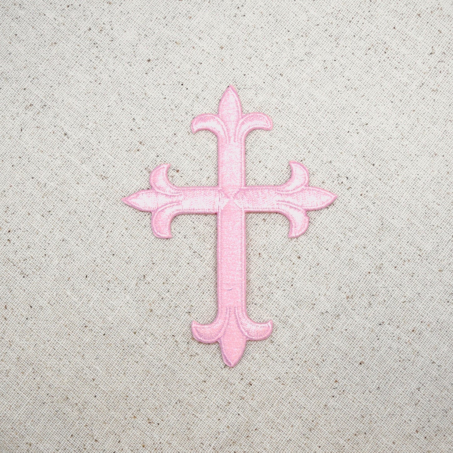 Fleur De Lis - Religious Cross - Light Pink - 4" - Embroidered Patch - Iron on Applique - WA023