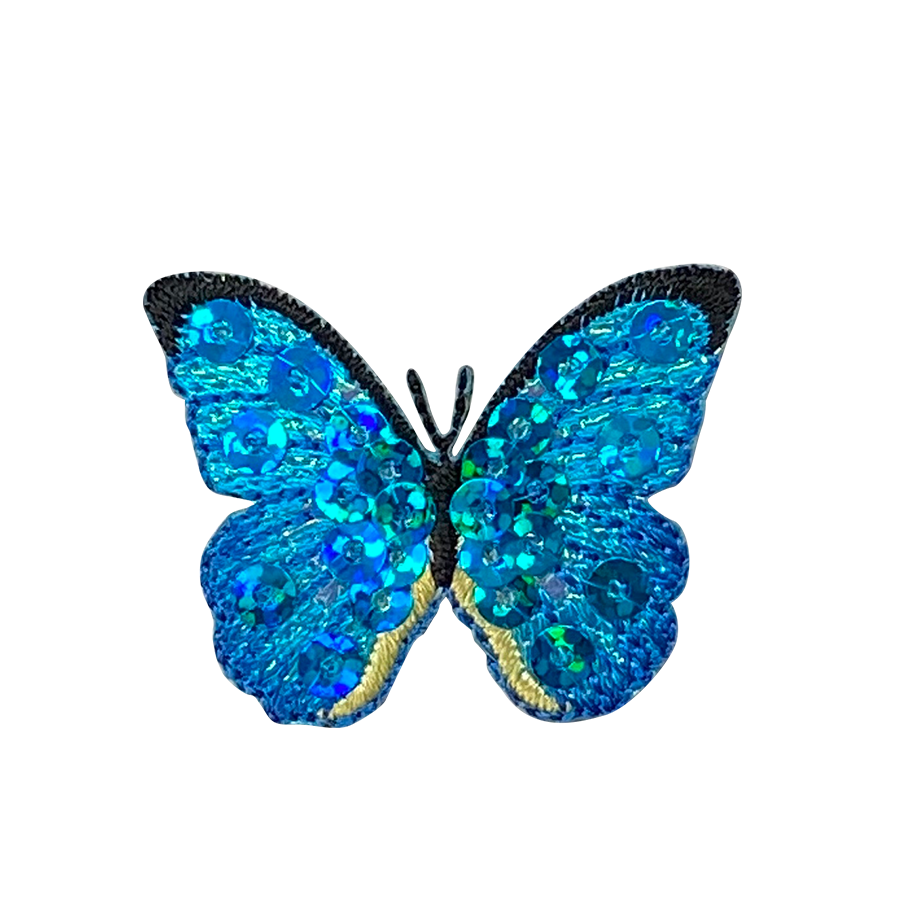 Small - Blue Sequin - Butterfly - Iron on Applique - Embroidered Patch - 155811A