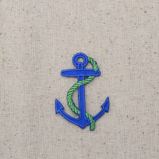 Small - Blue Nautical Anchor - Green Rope - Iron on Applique - Embroidered Patch - 696501D