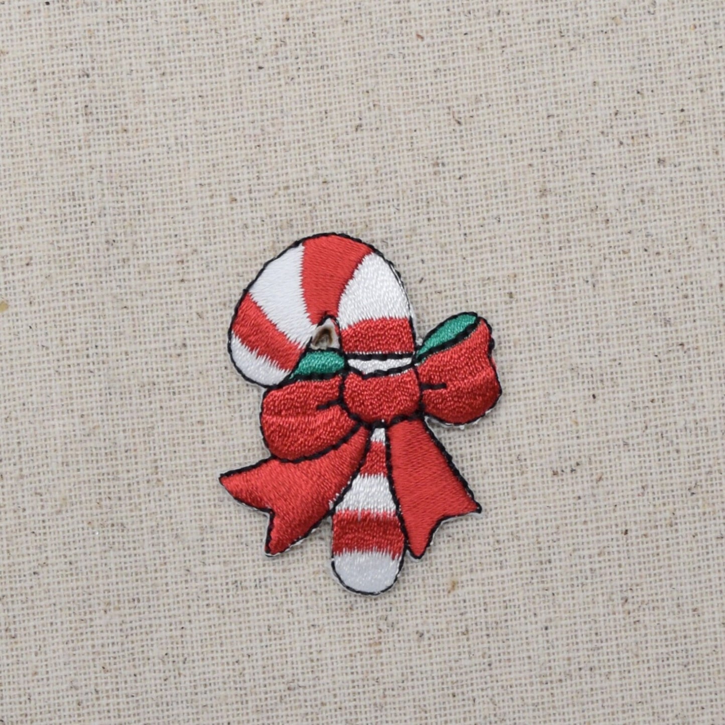 Christmas Candy Cane - Red Bow - Iron on Applique - Embroidered Patch