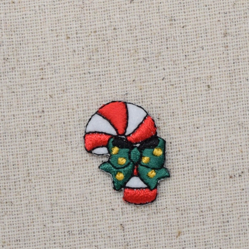 Christmas Candy Cane - Green Bow Yellow Dots - Iron on Applique - Embroidered Patch