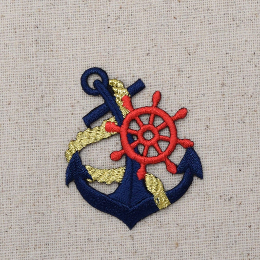 Blue Anchor - Gold Rope - Red Ships Wheel - Iron on Applique - Embroidered Patch - 26589-A