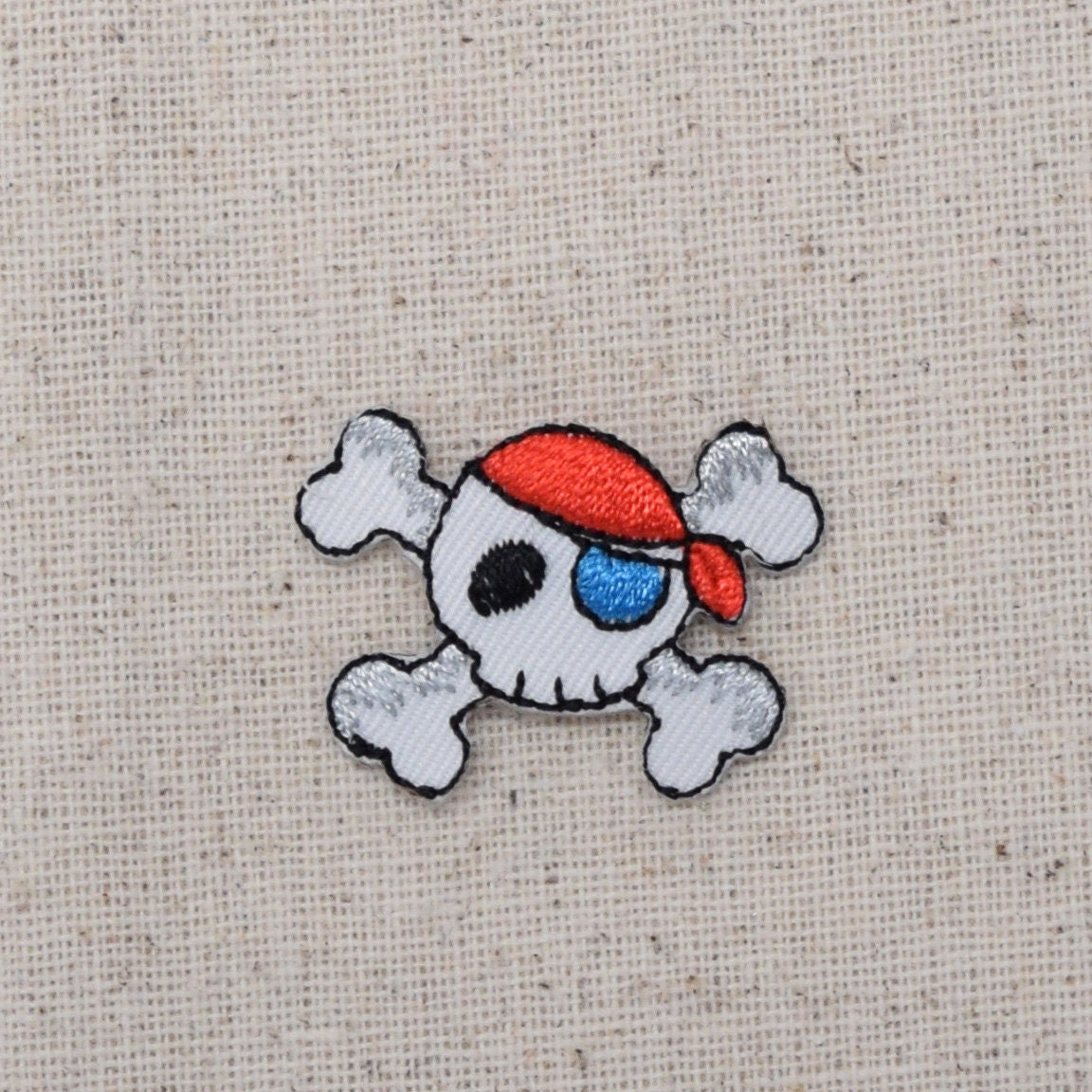 Small - Pirate Skull - Jolly Roger - Blue Eye Patch - Red Skull Cap - Crossbones - Embroidered Iron on Patch