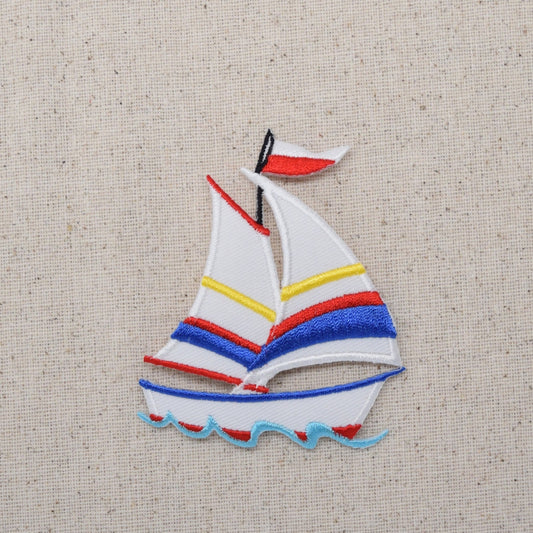 Sailboat - Blue, White, Yellow and Red - Iron on Applique - Embroidered Patch - 696494A