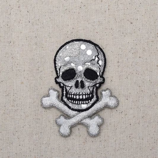 Silver - Skull with Crossbones - Shimmery - Jolly Roger - Embroidered Iron on Patch