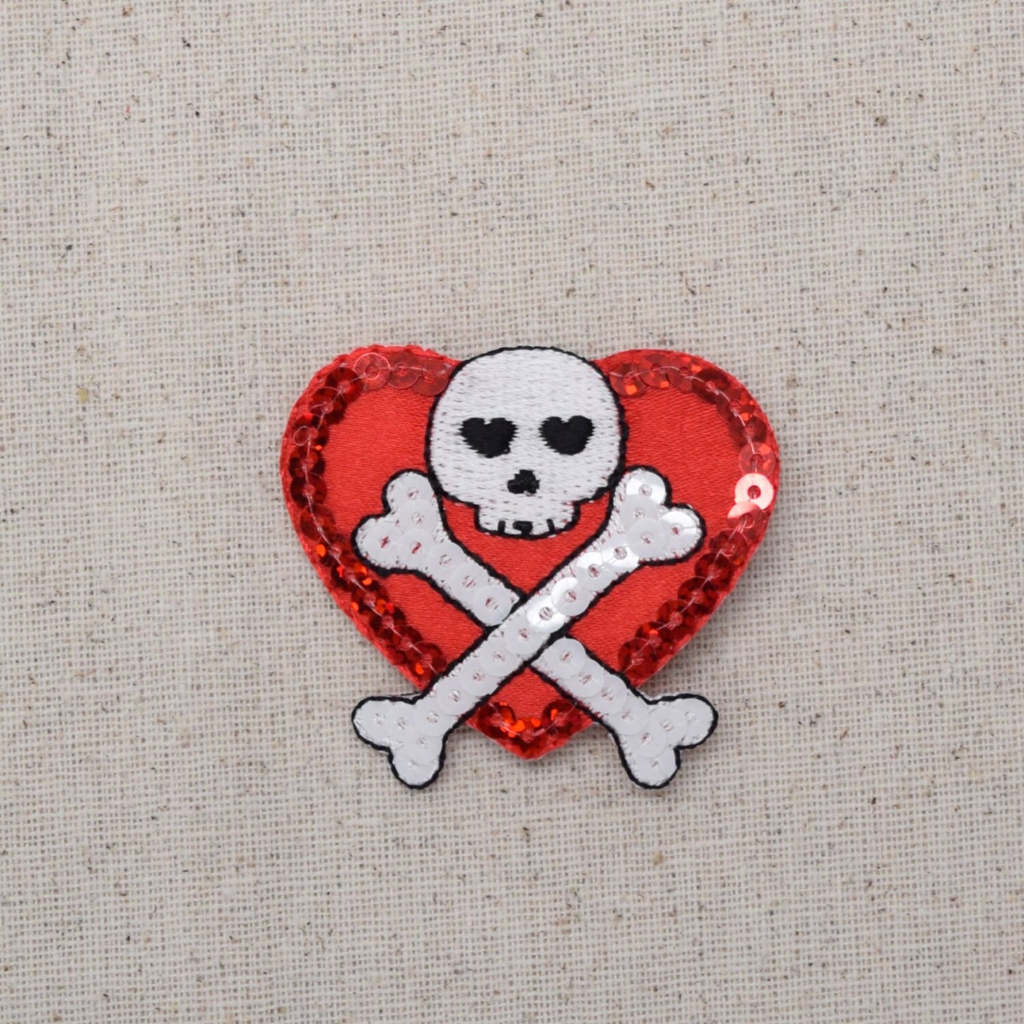 Red Sequin Heart - Jolly Roger - Skull with Crossbones - Iron on Patch