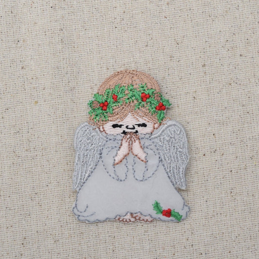 Angel - Praying - Wings - Holly Wreath - Iron on Applique - Embroidered Patch - 694215A