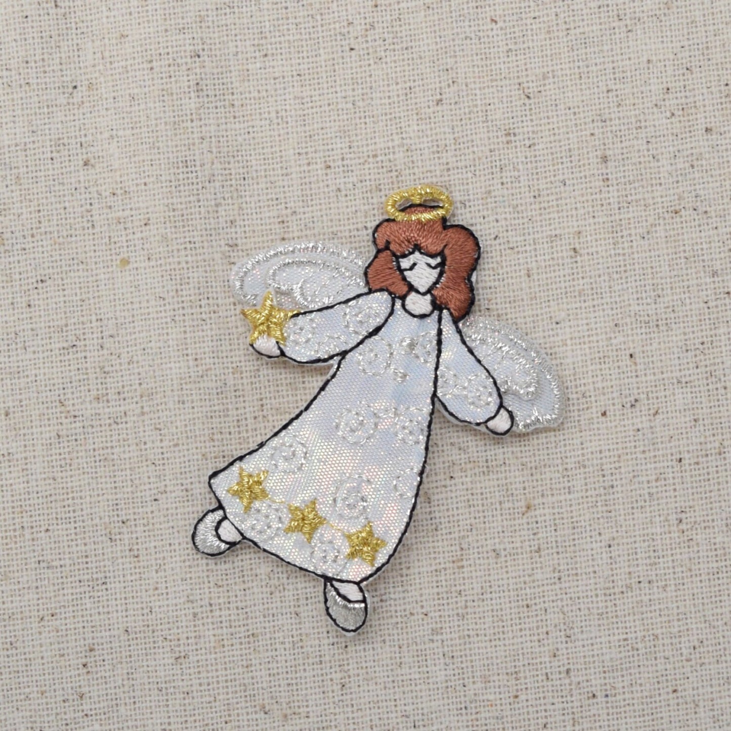 Angel - White Robe - Three Gold Stars - Halo - Iron on Applique - Embroidered Patch - 693876B