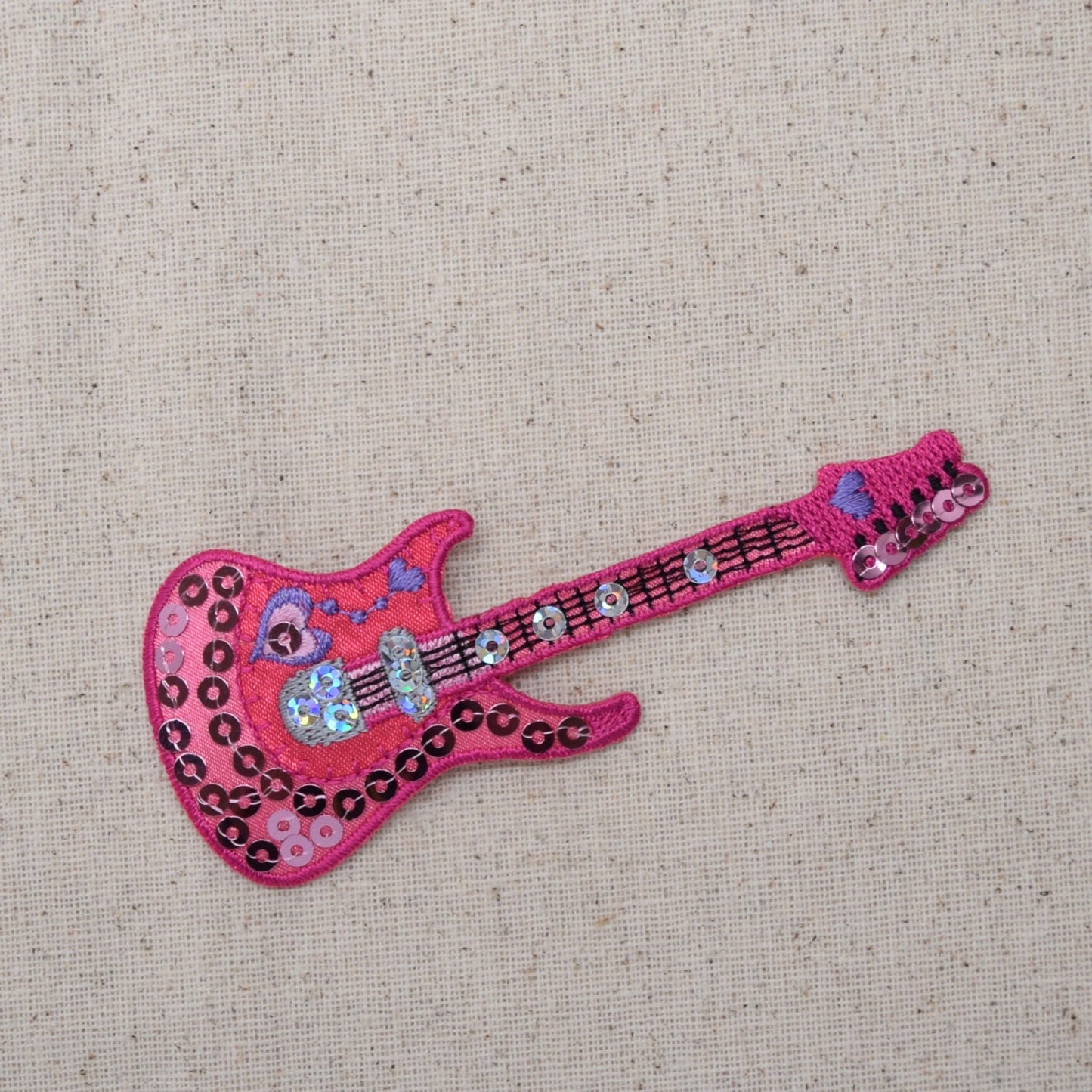 50s - Electric Guitar - Hot Pink Sequins - Iron on Applique - Embroidered Patch - 159394-A