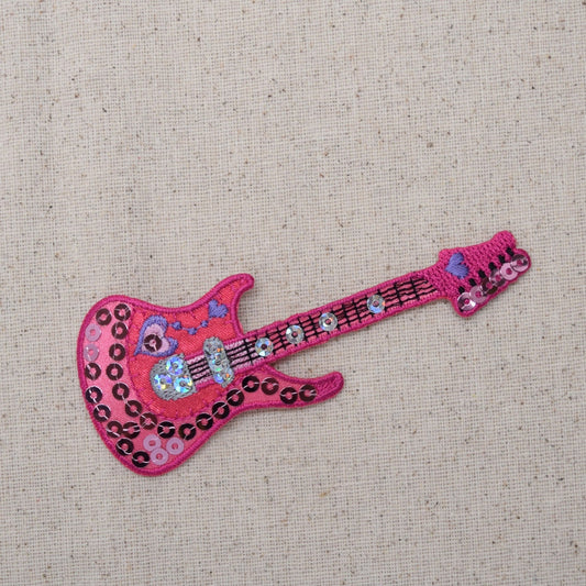 50s - Electric Guitar - Hot Pink Sequins - Iron on Applique - Embroidered Patch - 159394-A