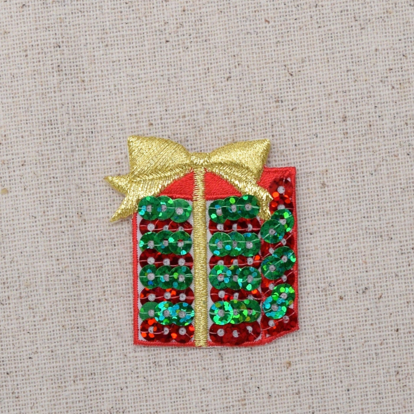 Christmas - Sequin Gift - Red and Green - Present with Gold Bow - Iron on Applique - Embroidered Patch - 1113724