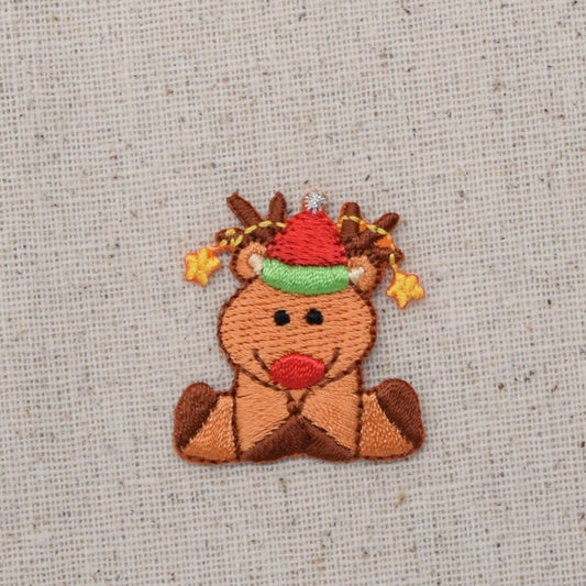 Christmas - Reindeer Sitting - Santa Hat - Iron on Applique - Embroidered Patch - 1135060A
