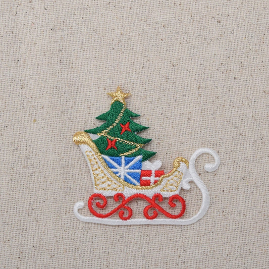 Christmas - Santa Sleigh With Tree and Gifts - Embroidered Patch - Iron on Applique - 27466A