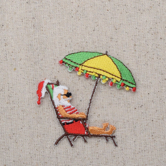 Christmas Santa - Beach Vacation - Umbrella and Chair - Iron on Applique - Embroidered Patch