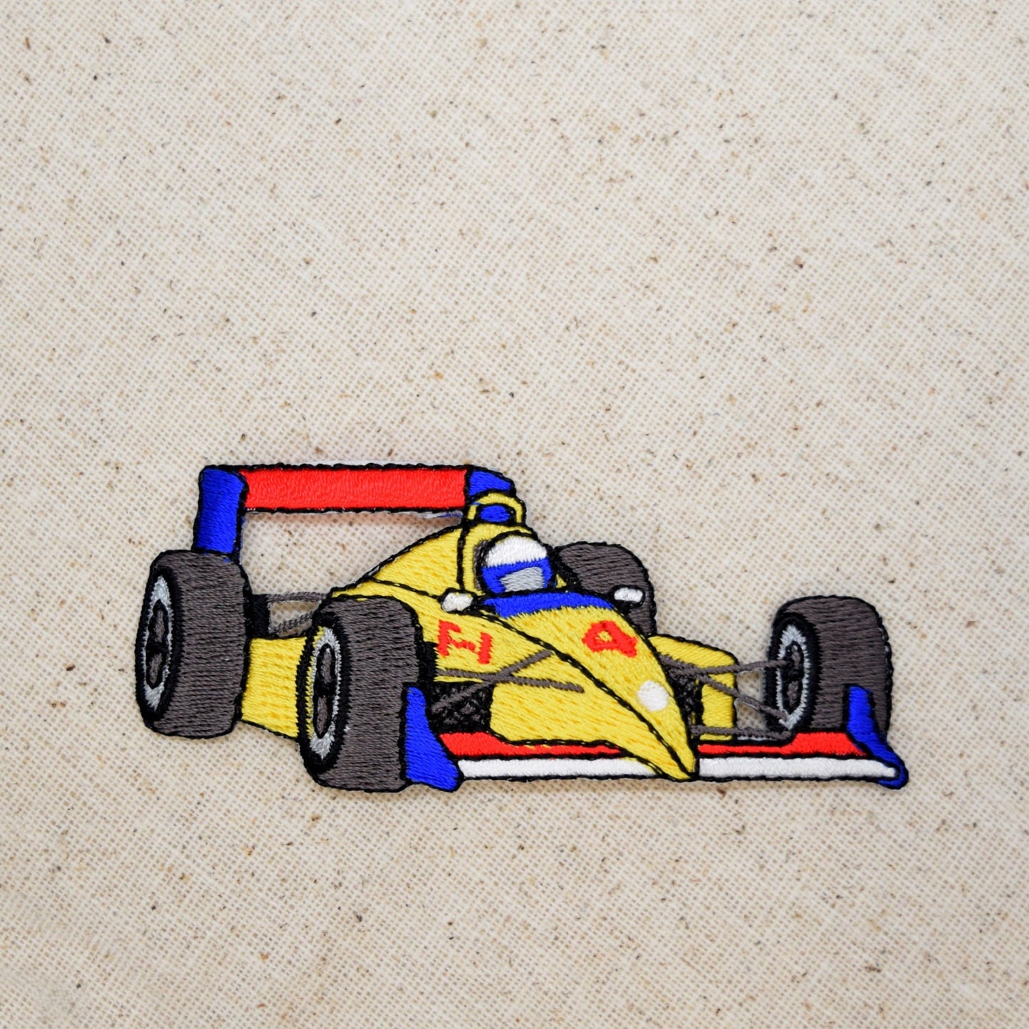 Yellow Race Car - Iron on Applique - Embroidered Patch - Formula One Style -  151527A