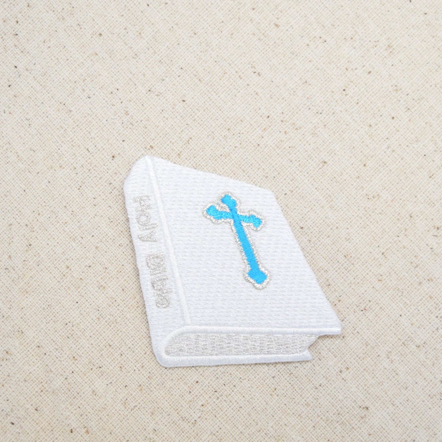 Holy Bible with Cross - Turquoise and White - Iron on Applique - Embroidered Patch - WA77