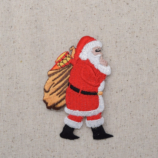 Christmas Santa - Walking Right - Brown Gift Sack - Iron on Applique - Embroidered Patch - 696499-A