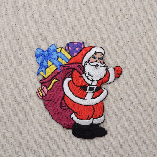 Christmas - Santa Clause - Waving - Maroon Bag and Gifts - Iron on Applique - Embroidered Patch - 795964-B