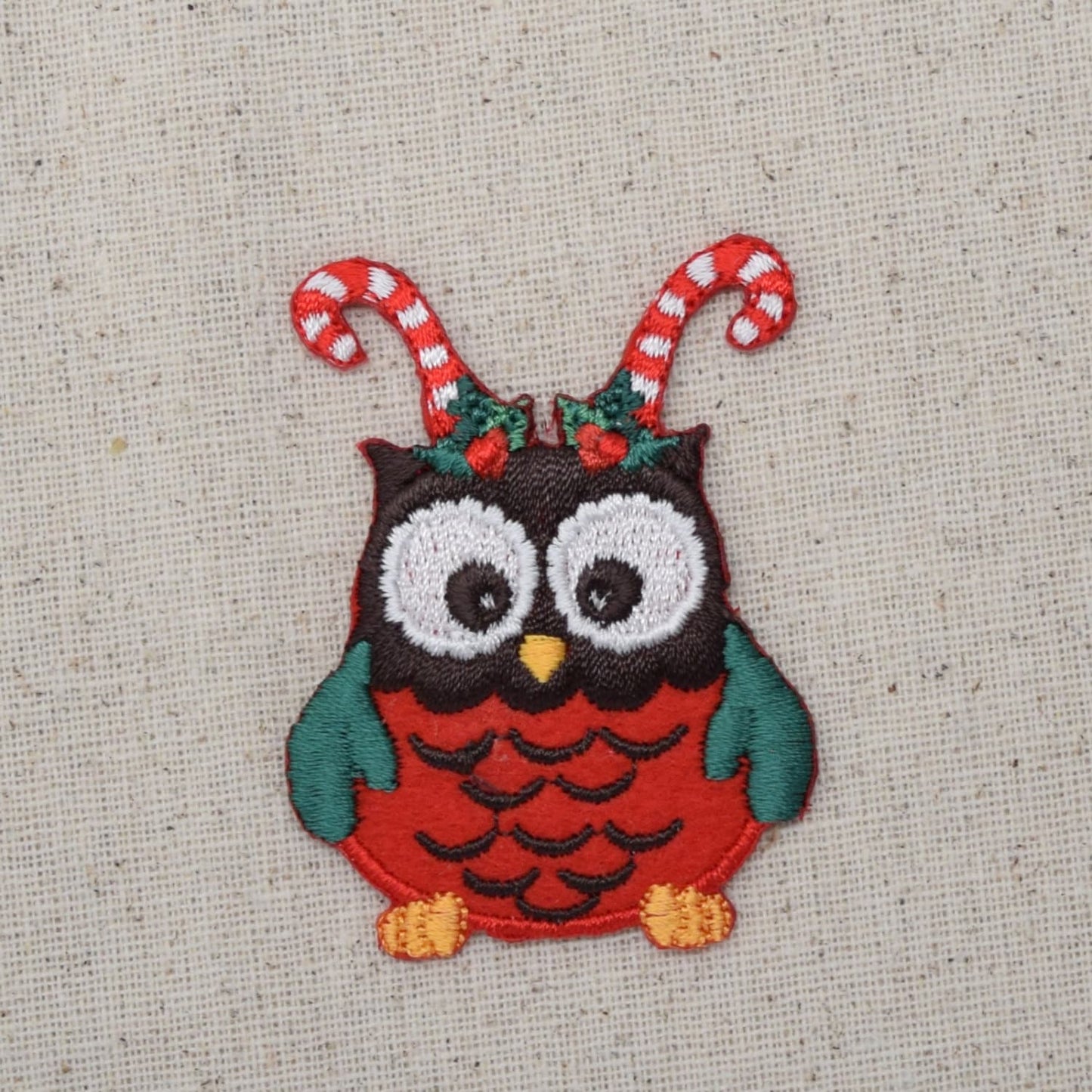 Christmas - Owl with Candy Cane Antlers - Embroidered Patch- Iron on Applique