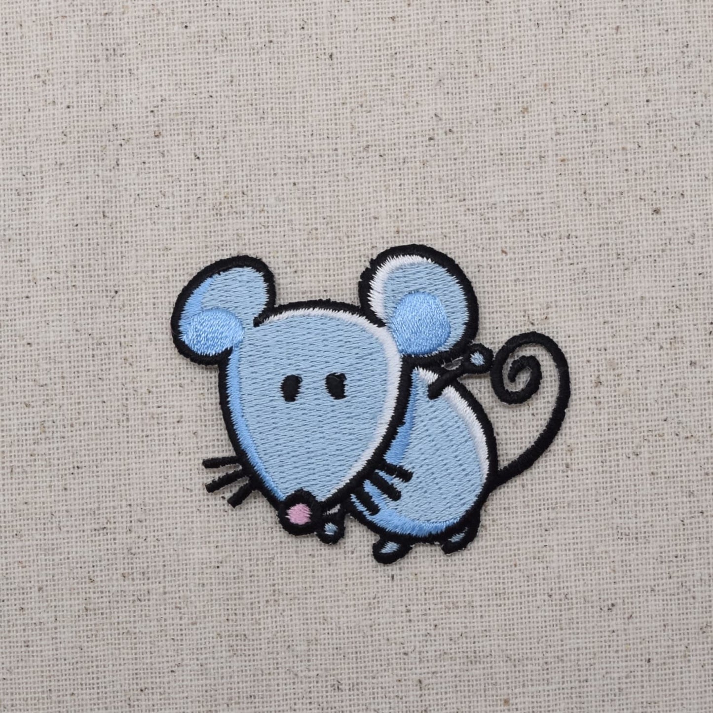 Blue Mouse with Curly Tail  - Embroidered Iron on Patch