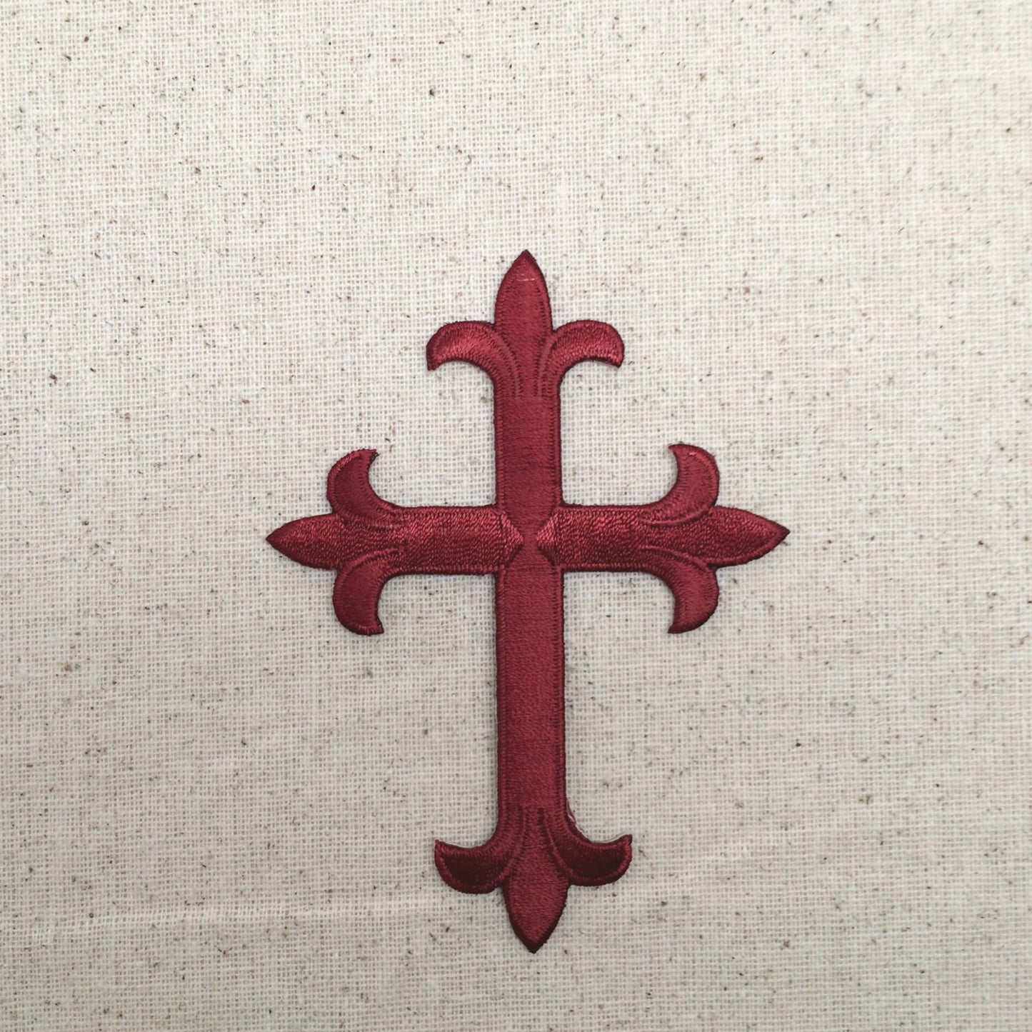 Fleur De Lis - Religious Cross - Burgundy Maroon - 4" - Embroidered Patch - Iron on Applique - WA023