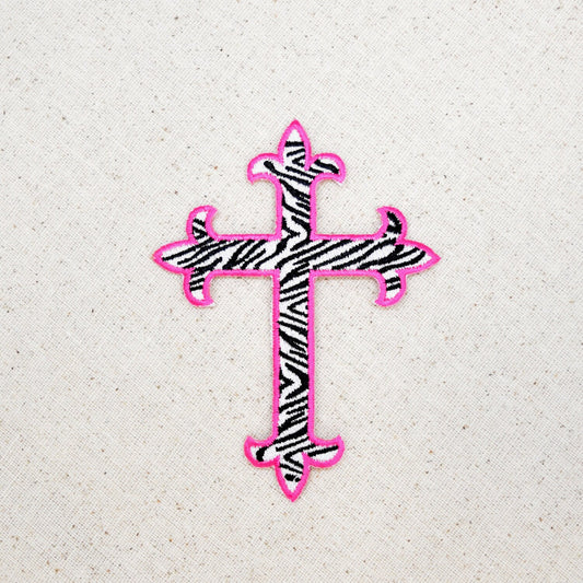 CLEARANCE - Fleur De Lis - Religious Cross - Zebra with Hot Pink Outline - 4" - Embroidered Patch - Iron on Applique - WA023 CLEARANCE