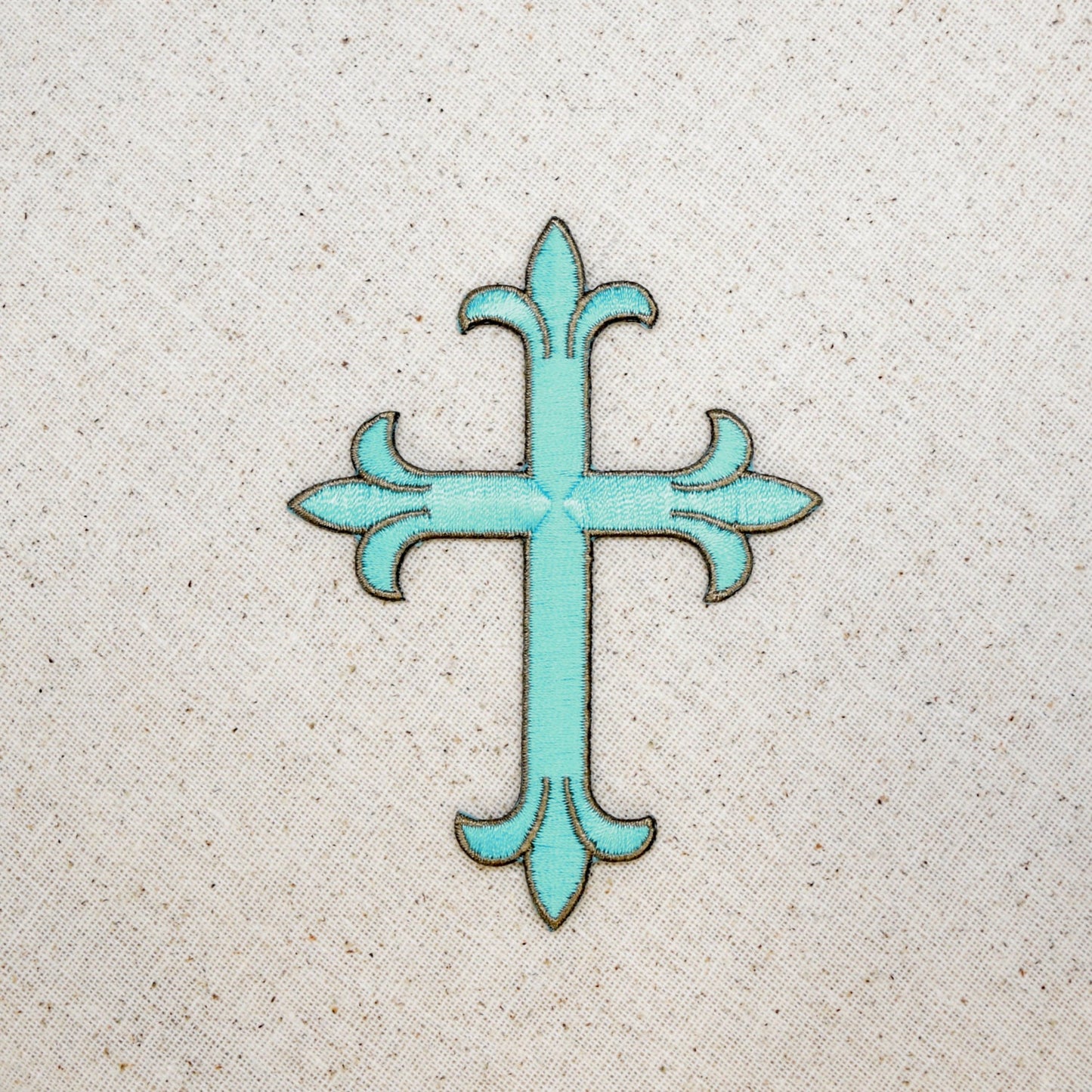 Cross - Turquoise Blue with Brown Outline - 4" - Iron on Patch