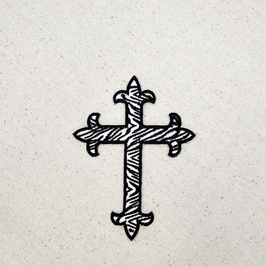 CLEARANCE - Fleur De Lis - Religious Cross - Black and White Zebra - 4" - Embroidered Patch - Iron on Applique - WA023