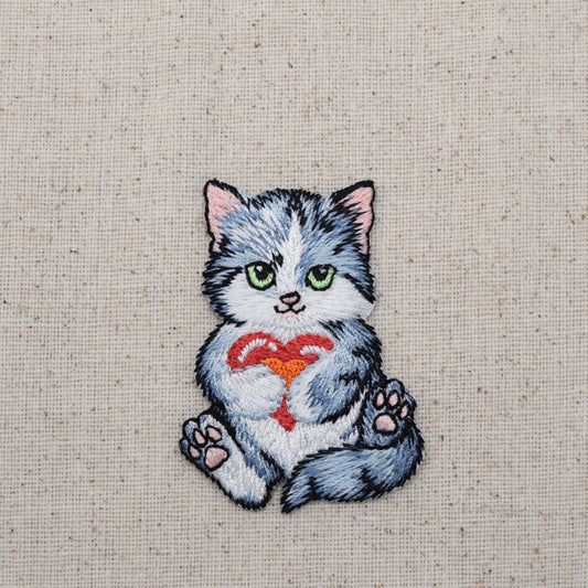 Cat with Red Heart, Kitten, Pets, Embroidered, Iron-on Patch