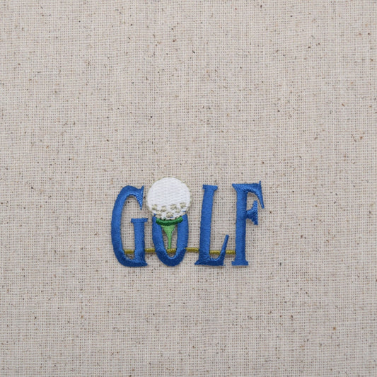Blue Golf word with Ball and Tee - Embroidered Patch - Iron on Applique - 650407A