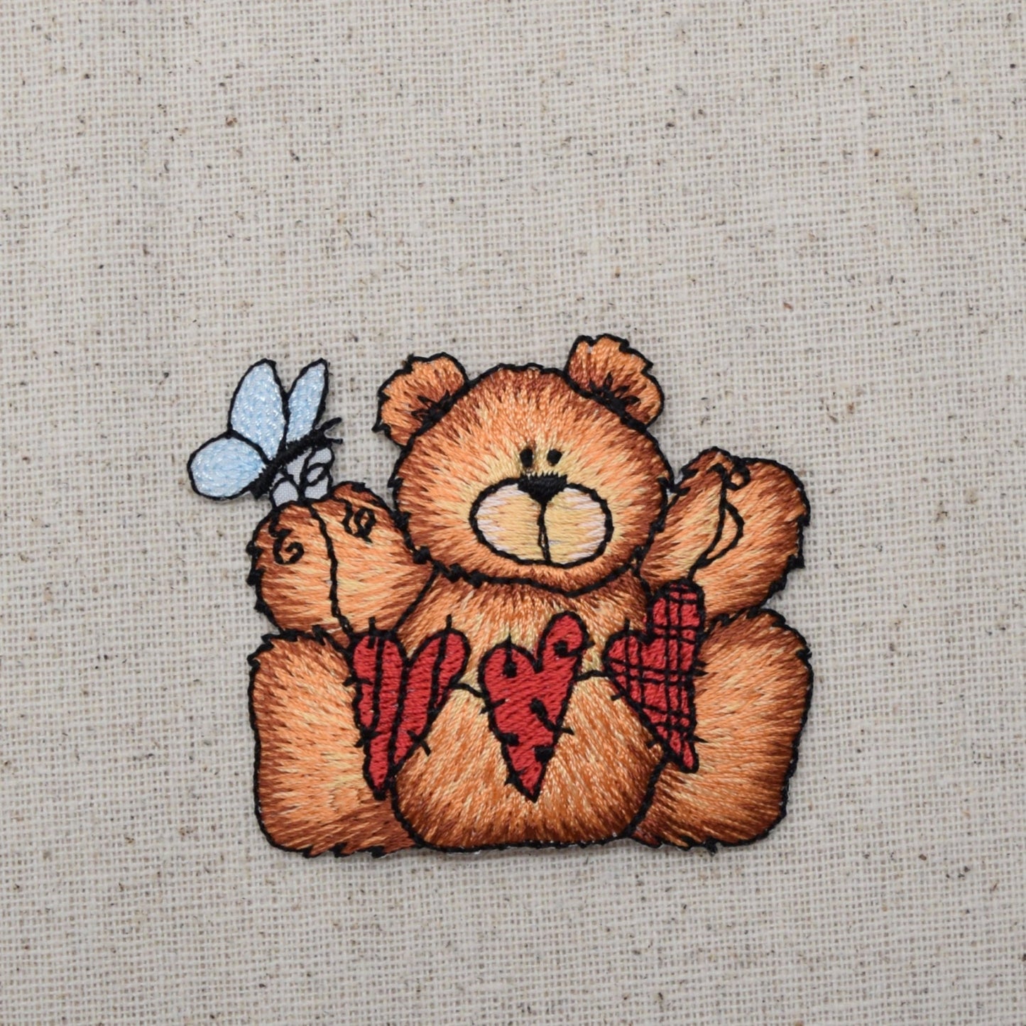 Brown Teddy Bear - Butterfly - String of Hearts - Iron on Applique - Embroidered Patch - 154382A