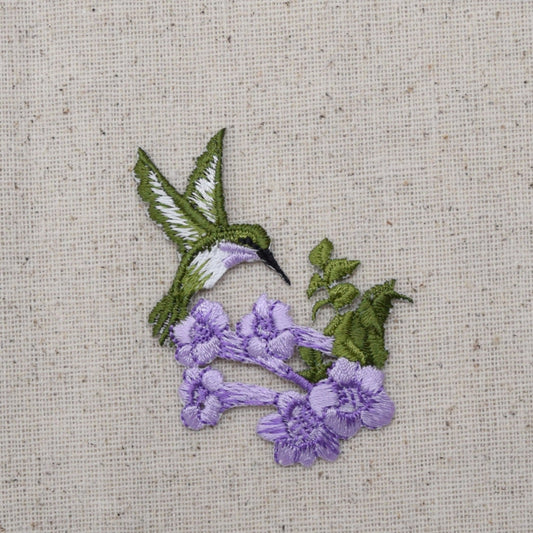 Small - Purple Hummingbird - Lavender Flowers - Iron on Applique - Embroidered Patch - 694788-AR