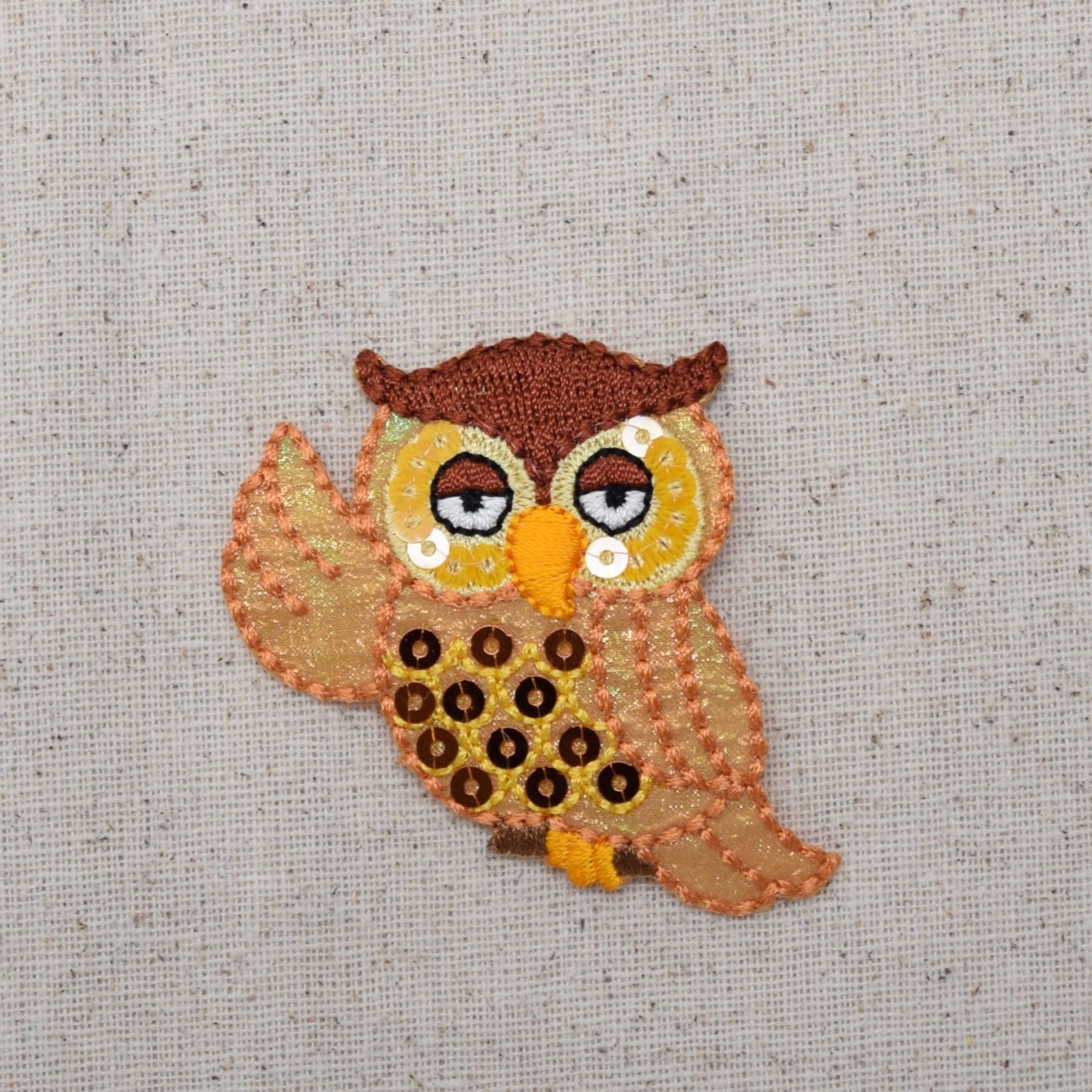 Whimsy - Sequin - Golden Owl - Iron on Applique - Embroidered Patch - 156305A