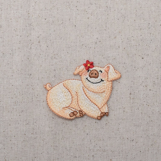 Pig with Daisy Iron on Patch - Embroidered Piglet