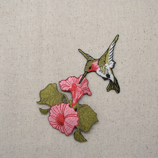 Ruby Red Throat Hummingbird - Pink Flowers - Iron on Applique - Embroidered Patch - 696072-A