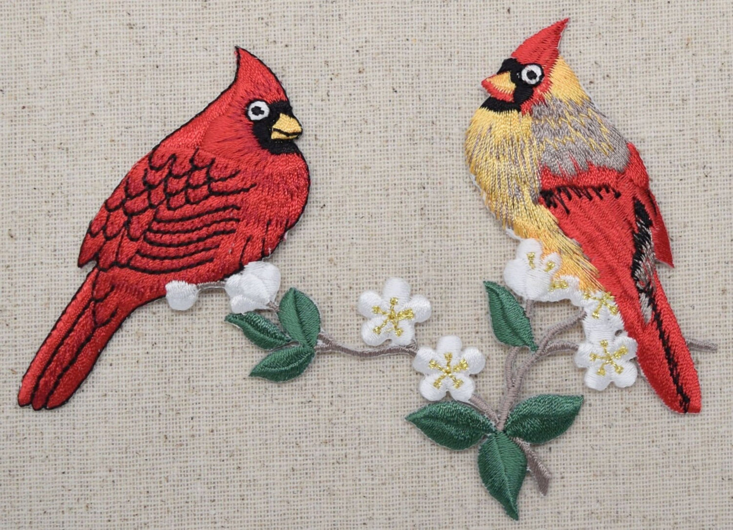 Cardinal Couple - Red Birds - Sitting on Branch - White Flower Blossoms Embroidered Iron on Patch