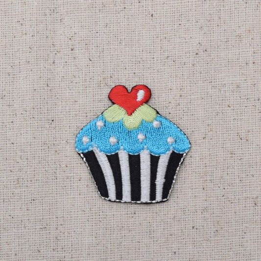 Black and White - Striped Cupcake - Heart - Iron on Applique - Embroidered Patch - 695584-B