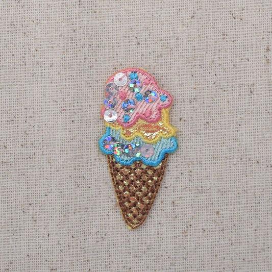 Ice Cream Cone - Dessert Food - Triple Scoop - Sequins - Iron on Applique - Embroidered Patch - 695557A