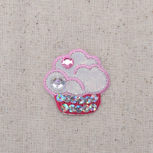 Cupcake - Pink Frosting - Sequins - Iron on Applique - Embroidered Patch - 695555A