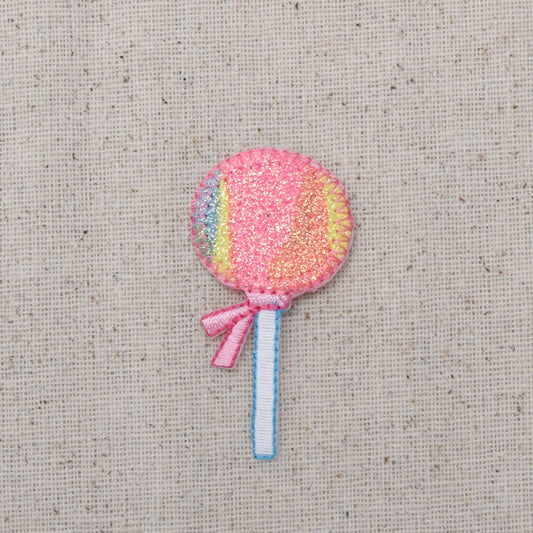 Lollipop - Pink Glitter Swirl - Candy - Embroidered Patch - Iron on Applique - 693992-A
