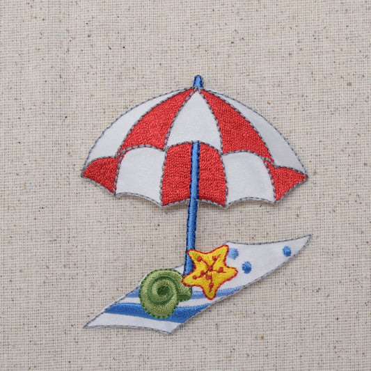 Beach Umbrella with Towel - Red White Striped - Starfish and Shells - Iron on Applique - Embroidered Patch - 155005A