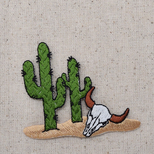 Western Desert Cactus Scene - Steer Skull  - Cow - Embroidered Iron on Patch