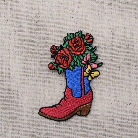 Western Cowboy Boot and Flowers - Embroidered Patch - Iron on Applique - 796027A