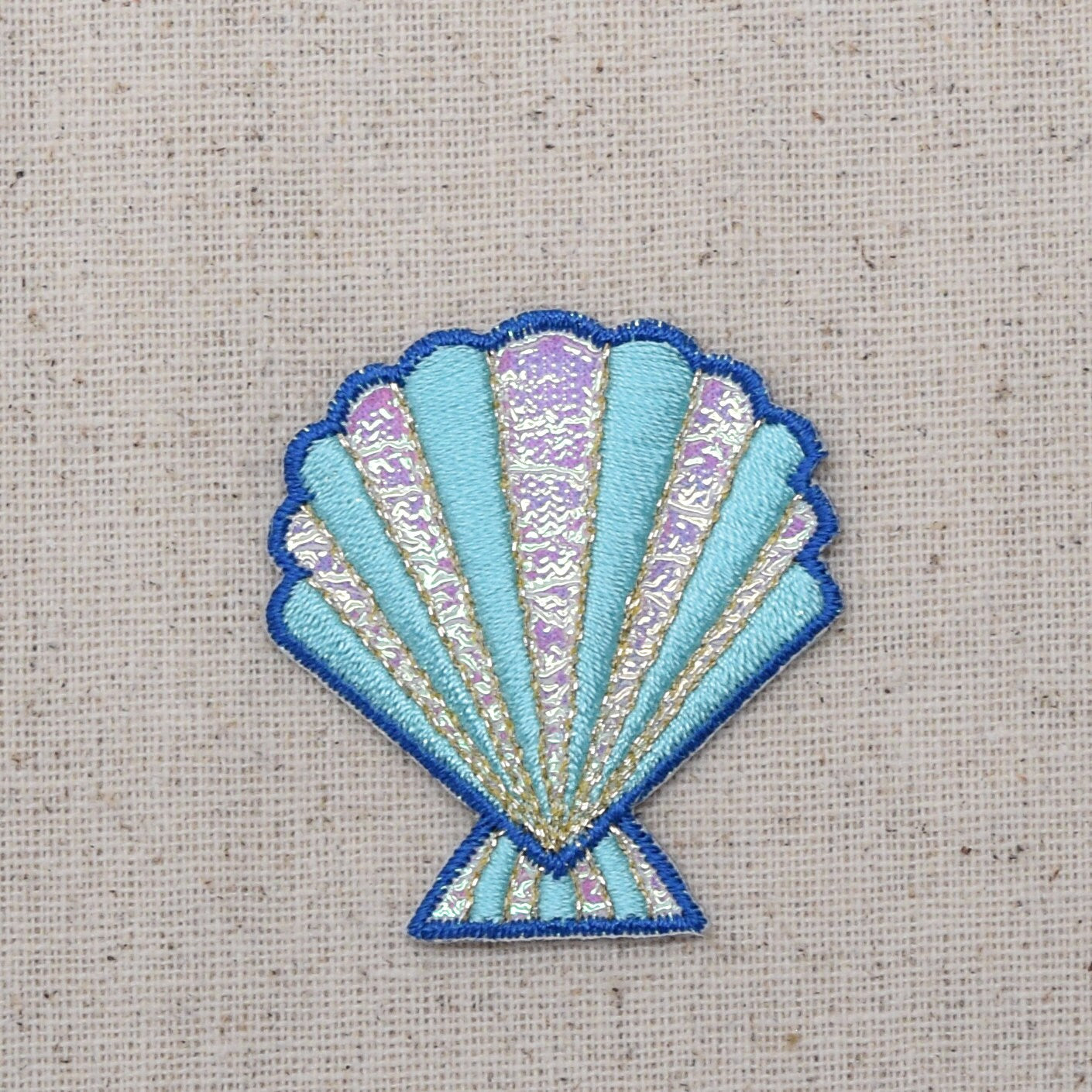 Seashell - Blue and Pink - Shimmery - Sea Shell - Embroidered Patch - Iron on Applique - 152032A